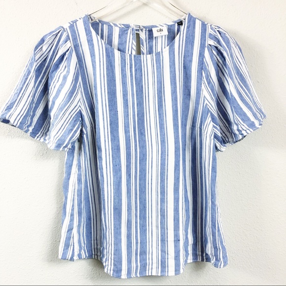 CAbi | Blue and White Stripe Linen Blend Wing Top - Picture 2 of 5